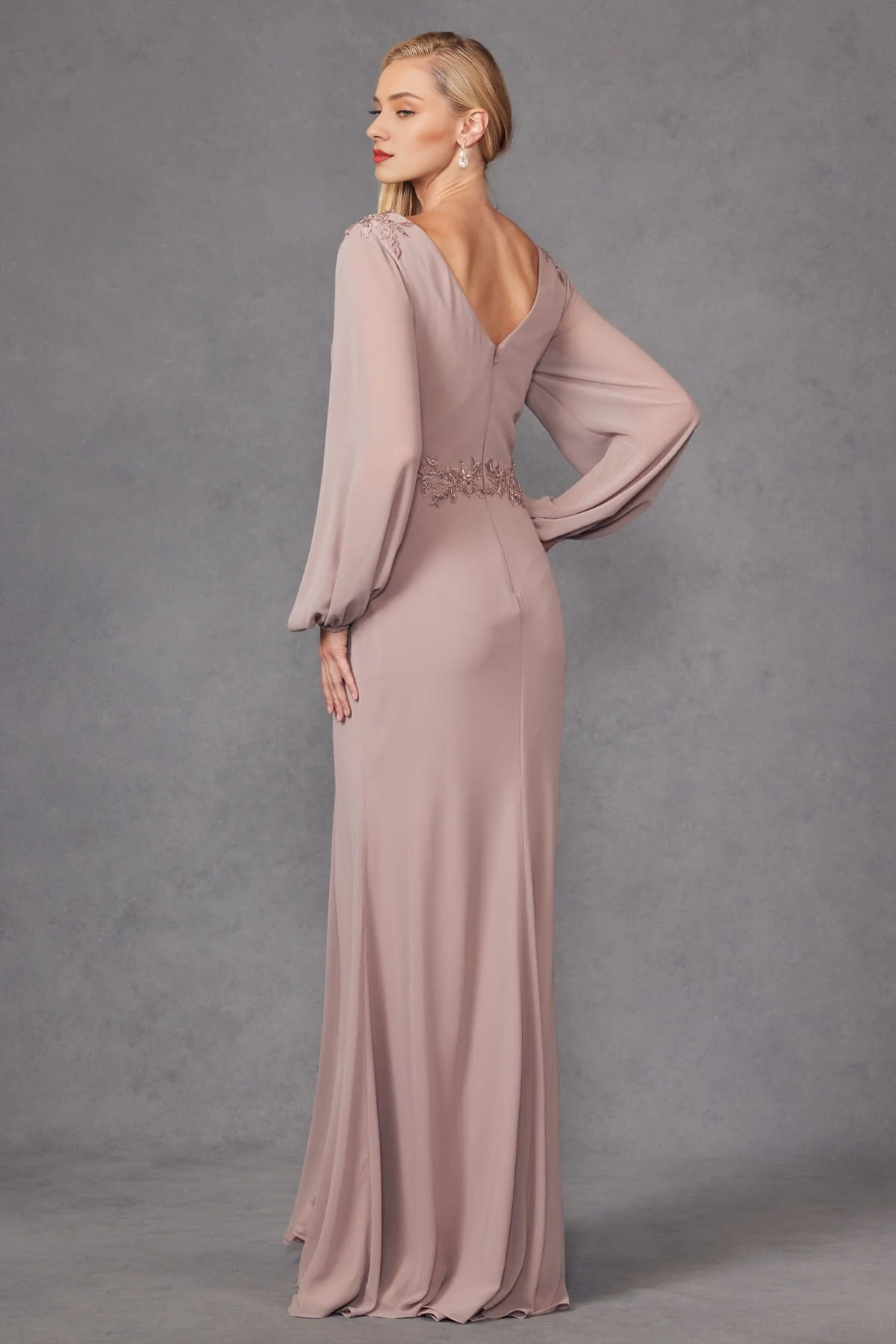 A-line slit skirt embroidered long sleeved mother of the bride dress