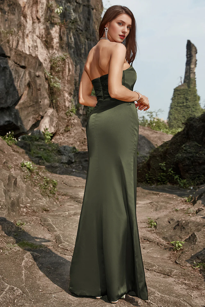 Olive colored front slit strapless long wedding party dress