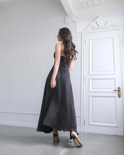 LD square neckline sleeveless thin shoulder strap pleated backless and floor length Prom dress