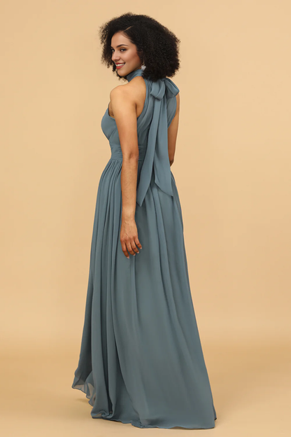 Grey neck hanging pleated long slit chiffon bridesmaid dress