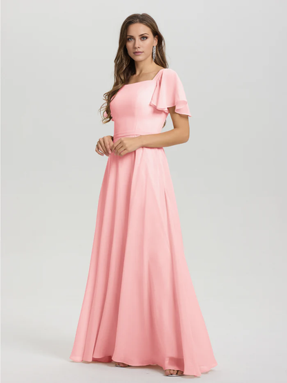 A-line square collar ruffled short sleeved and ground chiffon bridesmaid dress