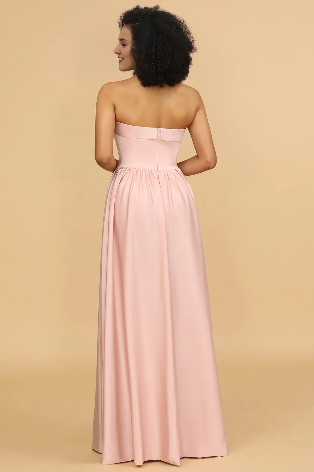 Pink A-line strapless satin long bridesmaid dress