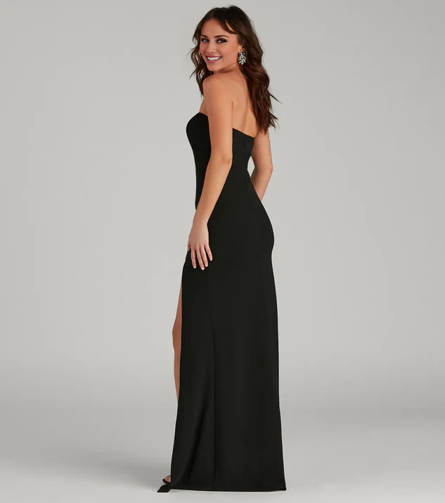LD off shoulder collar sleeveless strapless backless side slit and floor length evening dress