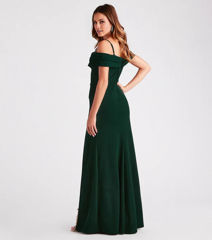 LD off shoulder collar sleeveless thin shoulder strap backless side slit and floor length evening dress