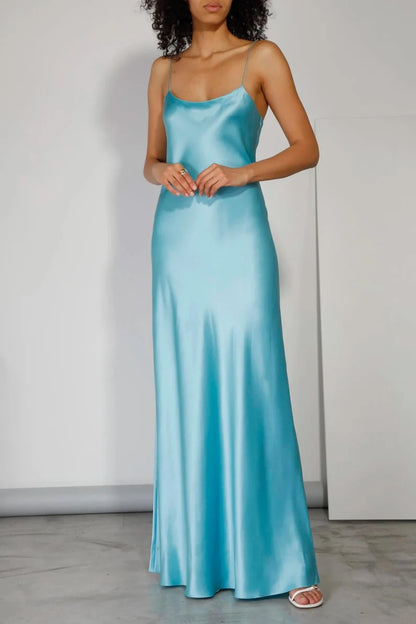 LD square neckline off shoulder sleeveless thin shoulder strap backless and floor length Prom dress