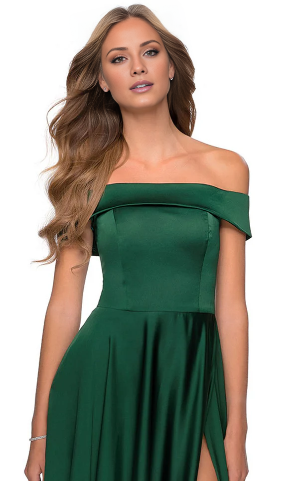 A-line tight corset with off shoulder fit and floor length evening gown