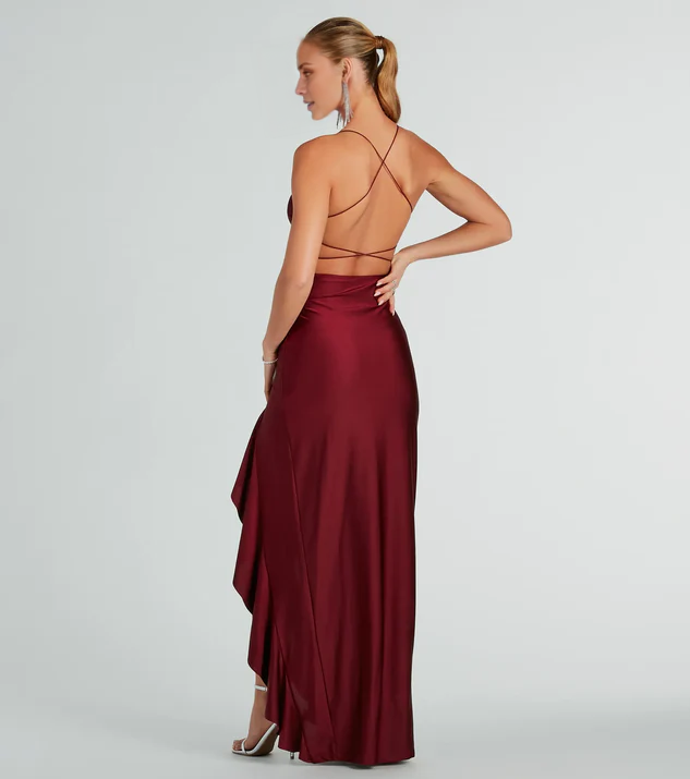 LD V collar off shoulder sleeveless thin shoulder strap open back side slit and floor length evening dress
