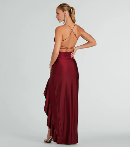 LD V collar off shoulder sleeveless thin shoulder strap open back side slit and floor length evening dress