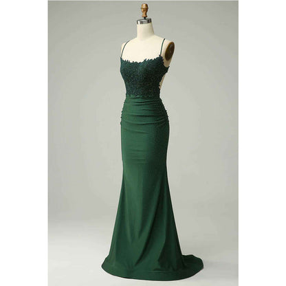 Sticker Beaded Mermaid Hanging Neck Deep Green Long Prom Dress