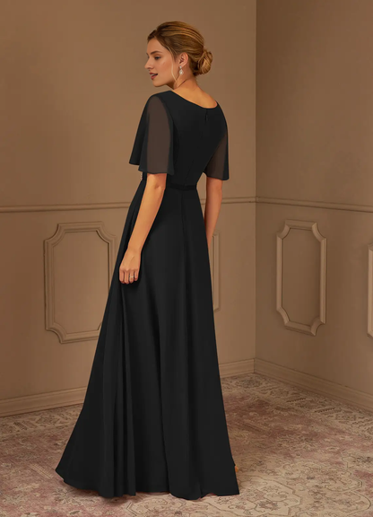A-line V-neck pleated chiffon and floor length mother of bride dress