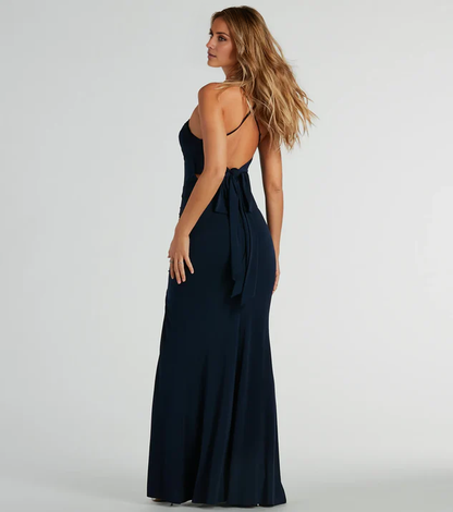 LD square collar sleeveless thin shoulder strap with exposed back side slit and floor length evening dress