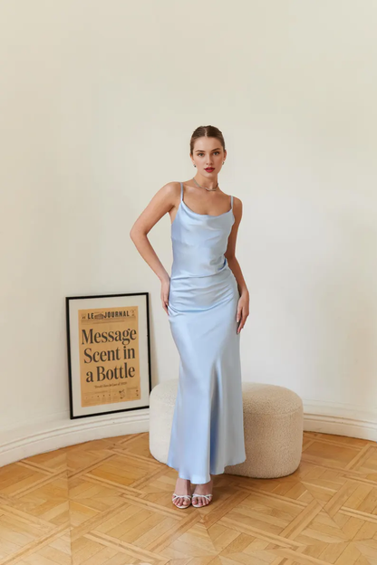 LD satin collar sleeveless backless and floor length Prom dress