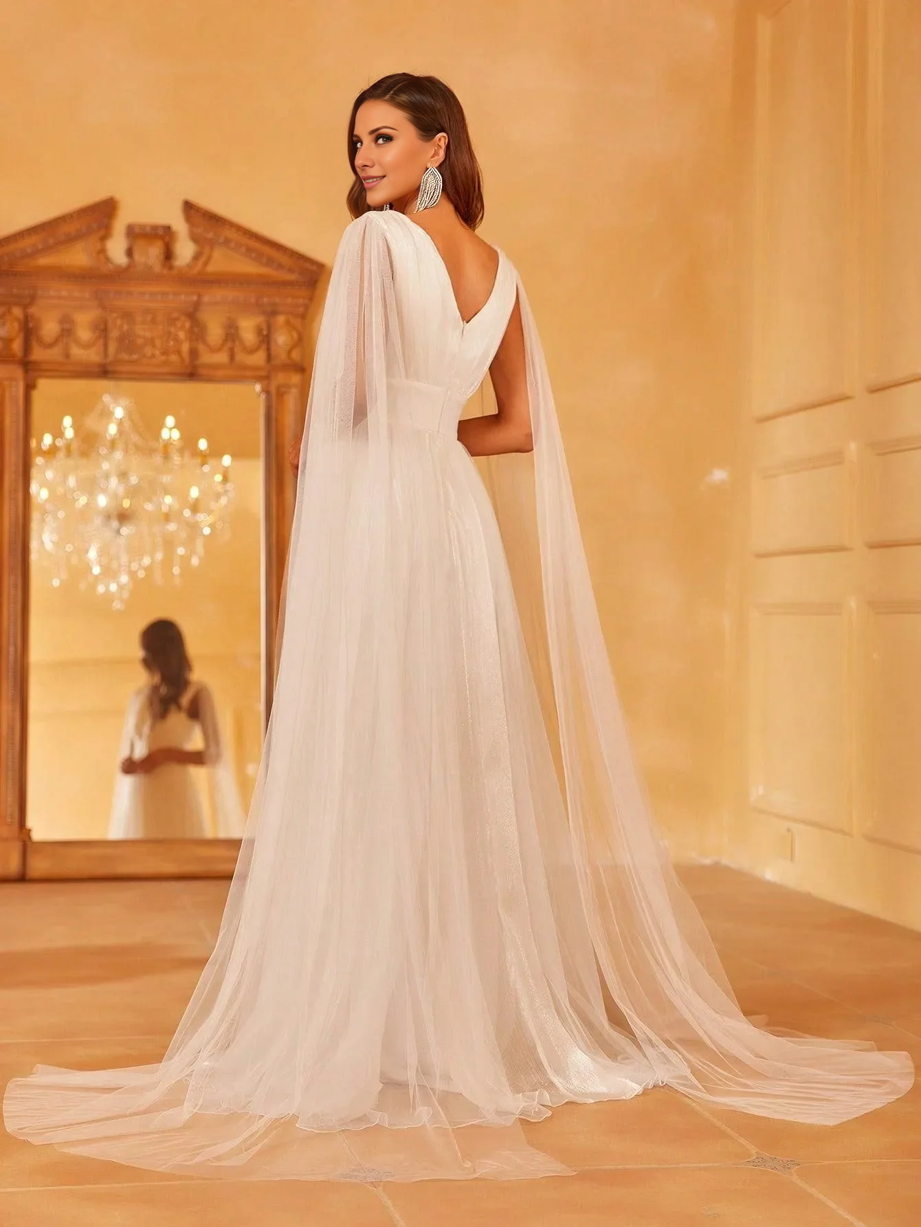 A-line deep V-neck cape and floor length wedding dress