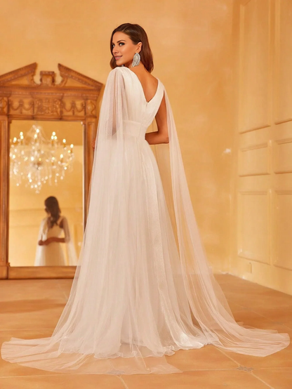 A-line deep V-neck cape and floor length wedding dress
