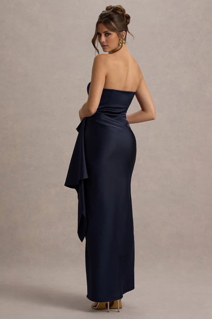LD - Off Shoulder Collar Satin Pendant Side Split and Floor length Prom Dress