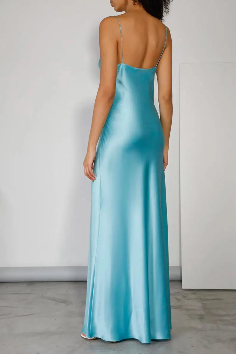 LD square neckline off shoulder sleeveless thin shoulder strap backless and floor length Prom dress