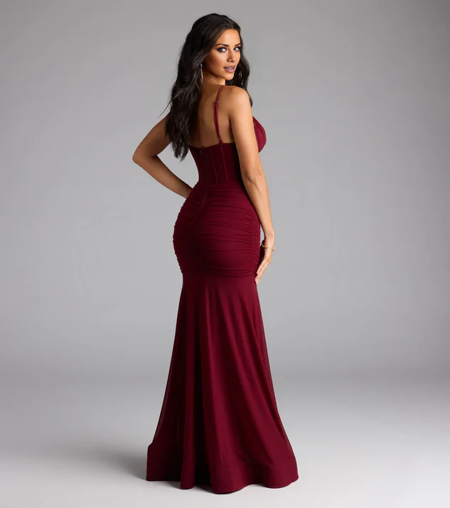 LD square neckline off shoulder sleeveless slim shoulder strap side slit and floor length evening dress