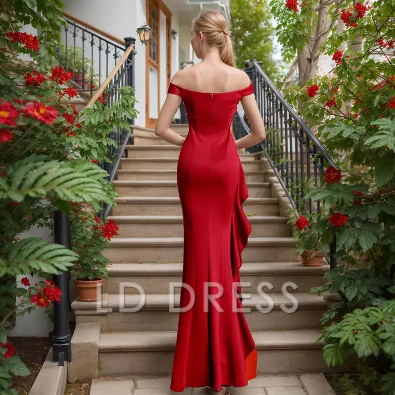 LD off shoulder collar backless side slit and floor length Prom dress