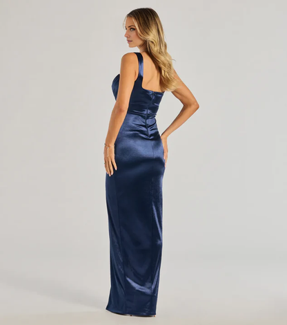 LD V collar off shoulder sleeveless backless side slit and floor length Prom dress