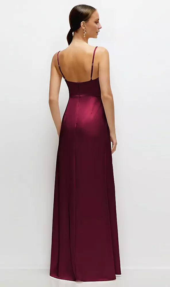 Thin shoulder strap high neck satin side slit and floor length bridesmaid dress - LD Dress