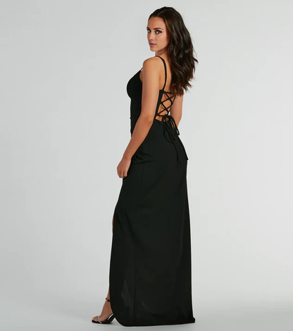 LD square neckline off shoulder sleeveless thin shoulder strap open back side slit and floor length Prom dress