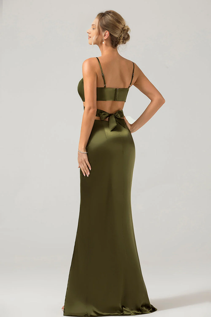 Olive thin shoulder strap cut long slit bridesmaid dress