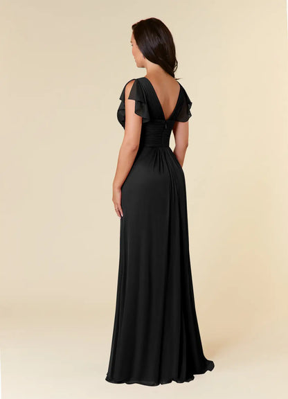 Black A-line evening gown pleated mesh mothers of the bride dresses