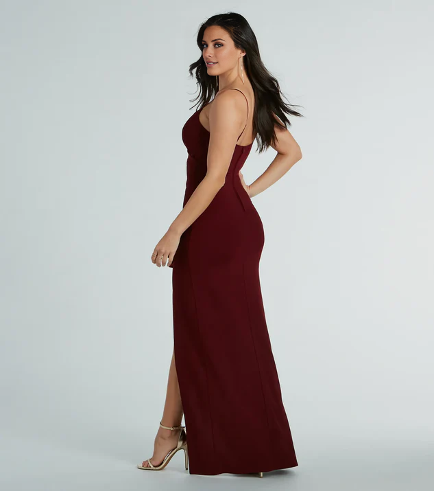 LD V collar off shoulder sleeveless thin shoulder strap open back side slit and floor length evening dress