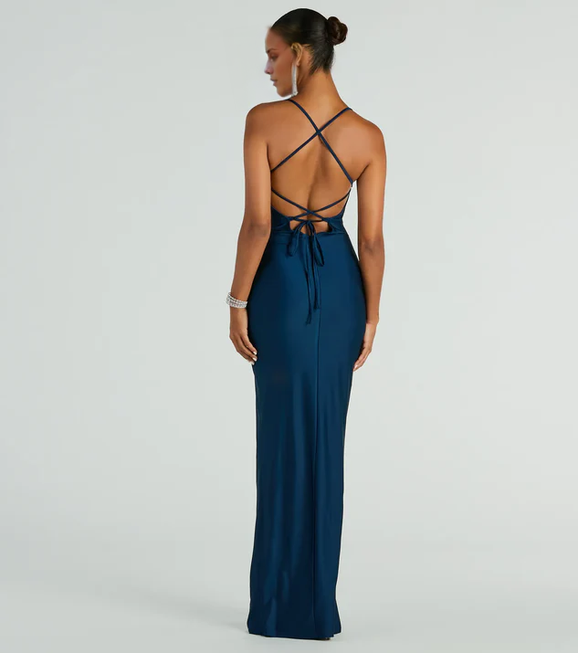 LD square neckline off shoulder sleeveless thin shoulder strap open back side slit and floor length Prom dress