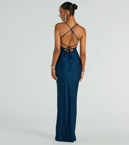 LD square neckline off shoulder sleeveless thin shoulder strap open back side slit and floor length Prom dress
