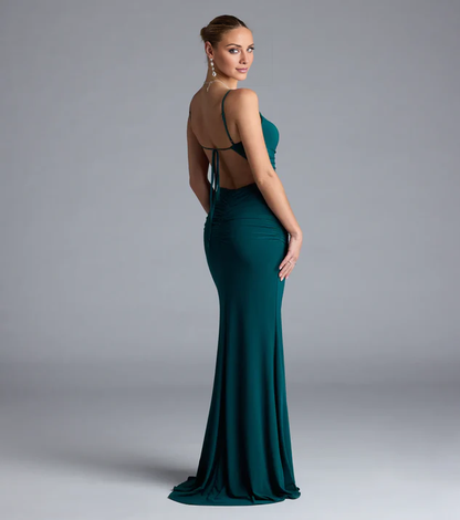 LD V-neck sleeveless thin shoulder strap backless and floor length Prom dress