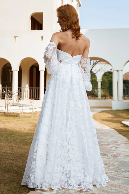 White organza off shoulder and floor length wedding dress