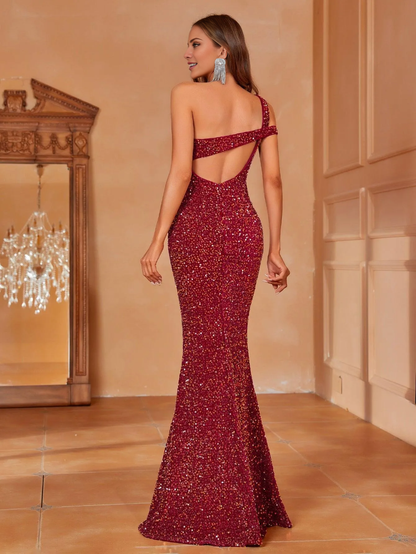 LD One Shoulder Backless Mermaid Hem Sequin Evening Dress