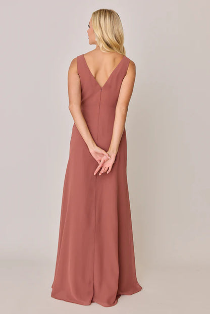 LD V-neck sleeveless backless and floor length Prom dress