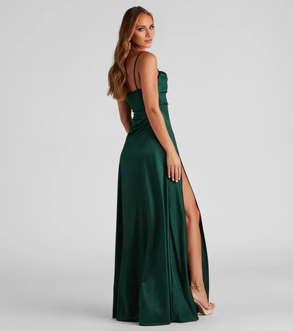 LD square neckline sleeveless thin shoulder strap backless side slit and floor length evening dress