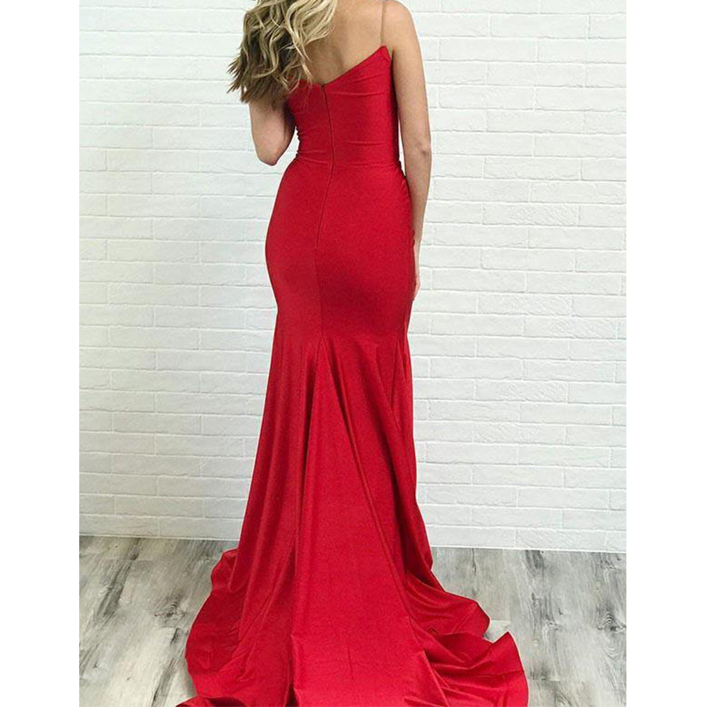 Sheath/Column Spaghetti Straps V-Neck Sweep/Brush Train Slit Like Satin Prom Dresses