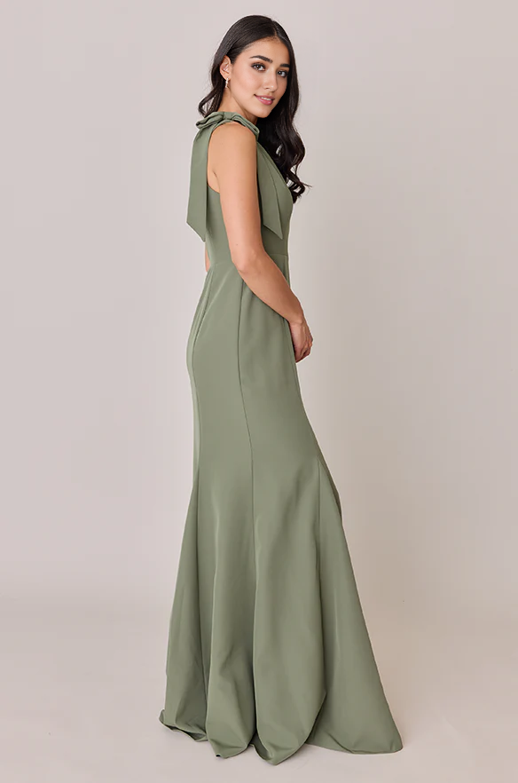 LD asymmetrical collar off shoulder bow sleeveless backless side slit and floor length Prom dress