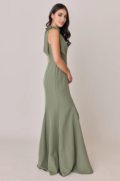LD asymmetrical collar off shoulder bow sleeveless backless side slit and floor length Prom dress