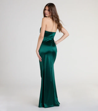 LD Sweetheart collar off shoulder sleeveless backless side slit and floor length Prom dress