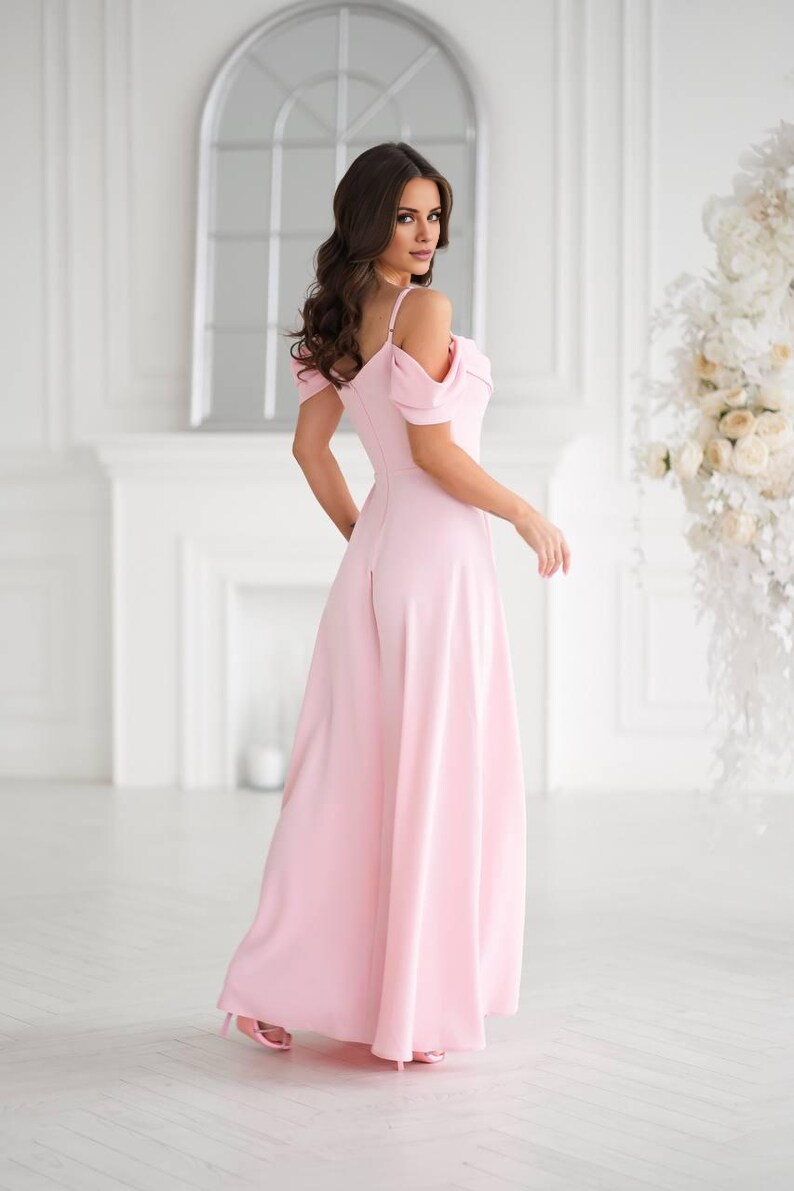 LD off shoulder collar sleeveless thin shoulder strap backless side slit and floor length Prom dress
