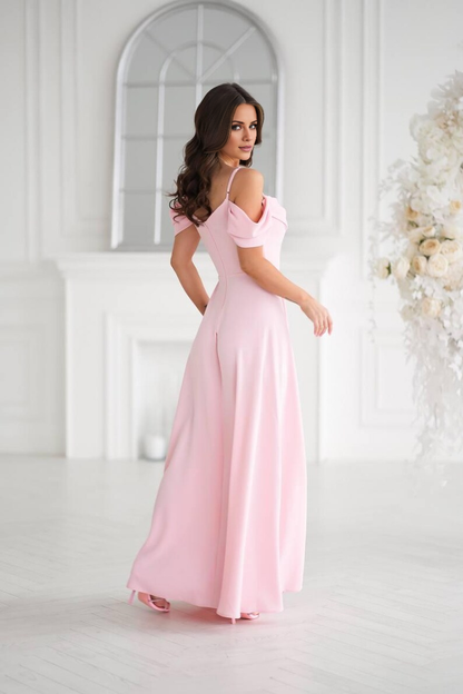 LD off shoulder collar sleeveless thin shoulder strap backless side slit and floor length Prom dress