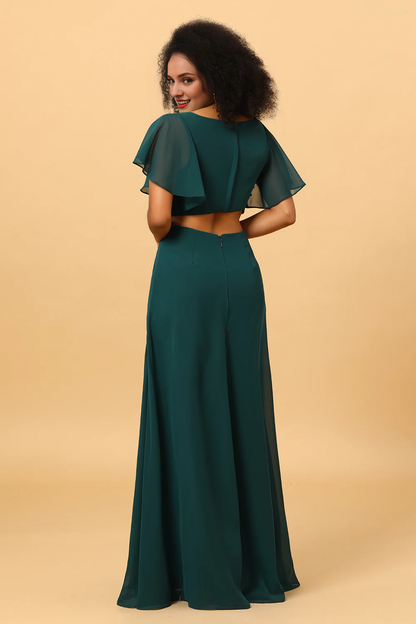 Pine V-neck short sleeved chiffon bridesmaid dress