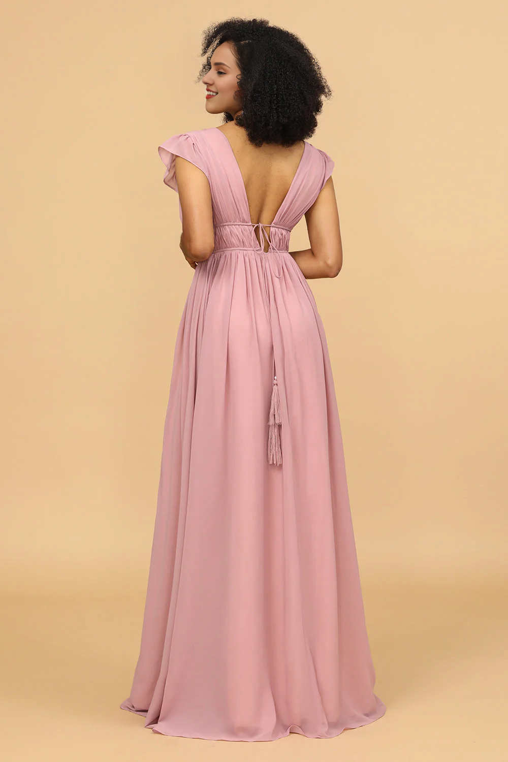 Pink A-line V-neck long slit chiffon bridesmaid dress