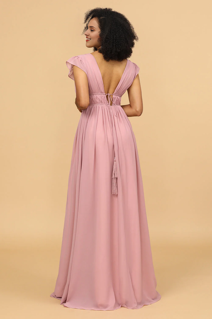 Pink A-line V-neck long slit chiffon bridesmaid dress