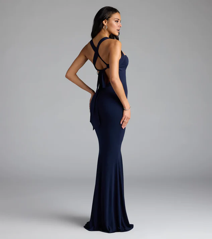 LD mermaid square neckline sleeveless backless and floor length evening dress
