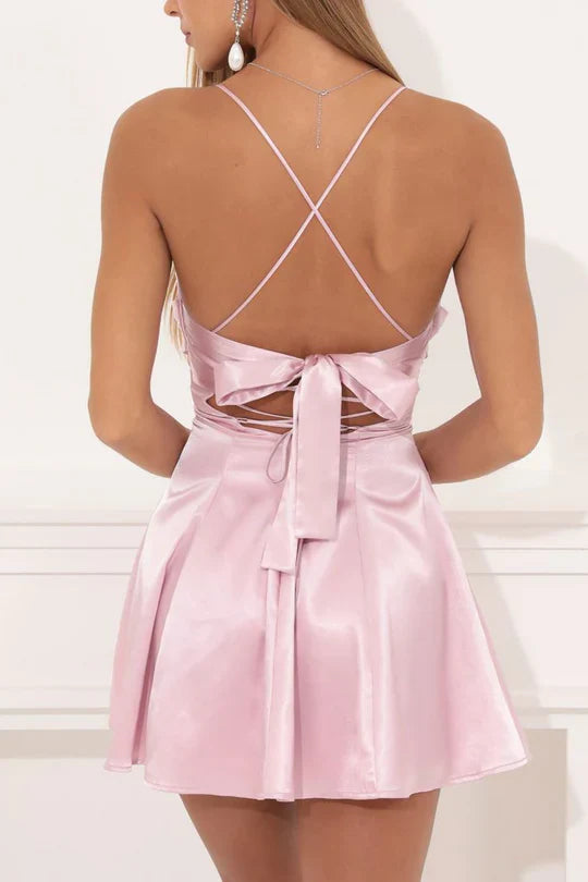 LD Pink Thin Shoulder Strap Satin Short Cocktail Homecoming Dress