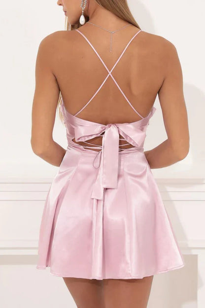 LD Pink Thin Shoulder Strap Satin Short Cocktail Homecoming Dress