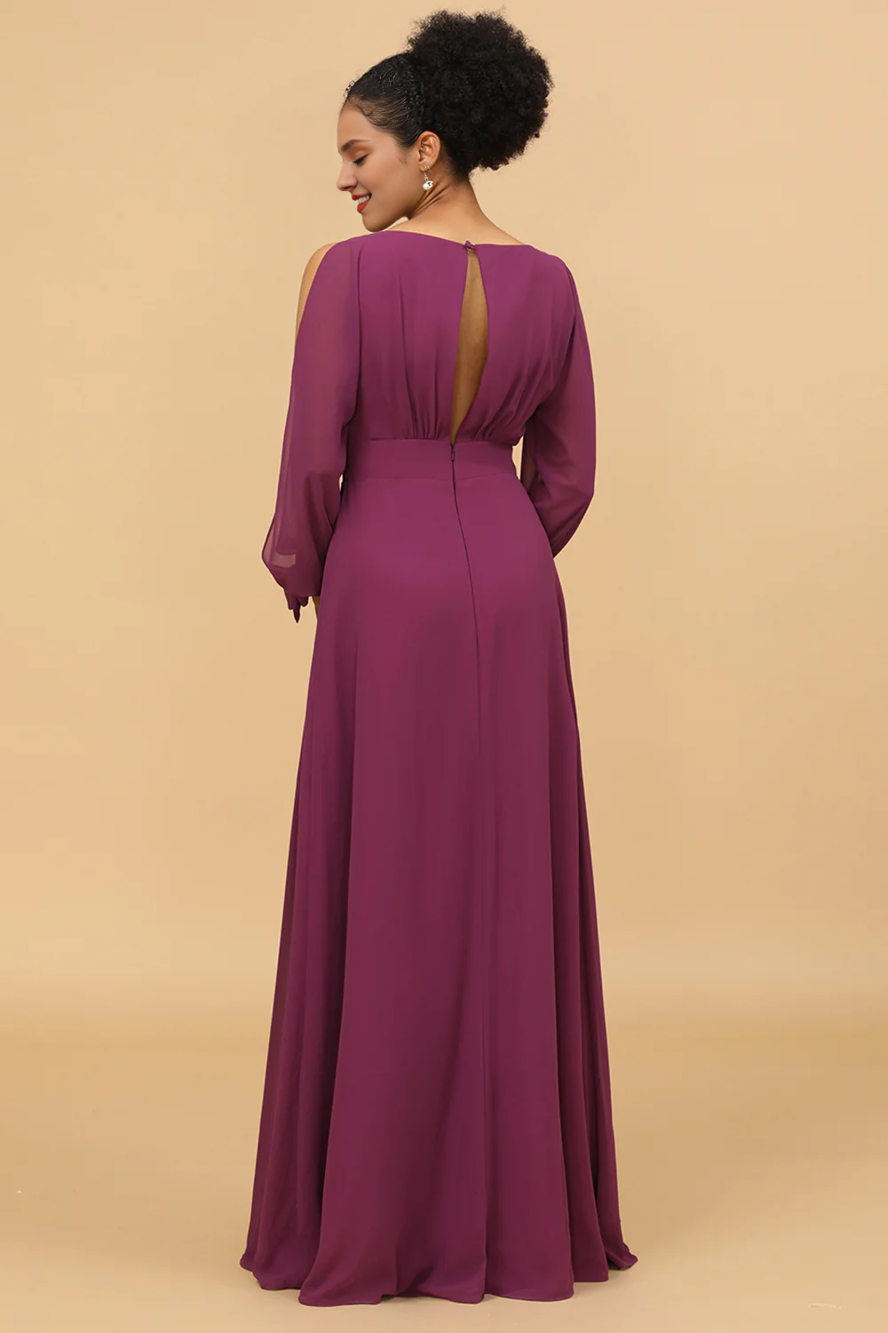 Purple long sleeved bow V-neck chiffon bridesmaid dress