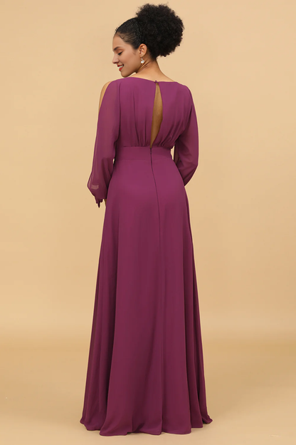 Purple long sleeved bow V-neck chiffon bridesmaid dress