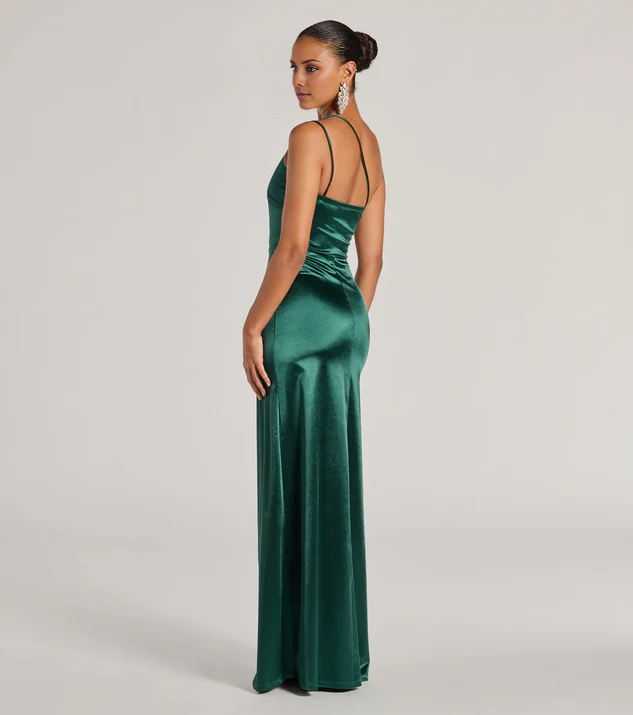 LD asymmetrical collar off shoulder sleeveless thin shoulder strap open back side slit and floor length evening dress